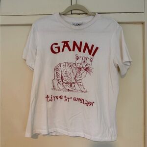GANNI Red Cat Print White Tee